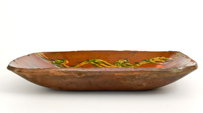 Fine att. Absalom Day, Norwalk, CT Redware Loaf Dish w/ Elaborate Copper Slip Decoration