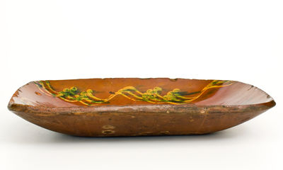 Fine att. Absalom Day, Norwalk, CT Redware Loaf Dish w/ Elaborate Copper Slip Decoration