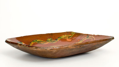 Fine att. Absalom Day, Norwalk, CT Redware Loaf Dish w/ Elaborate Copper Slip Decoration