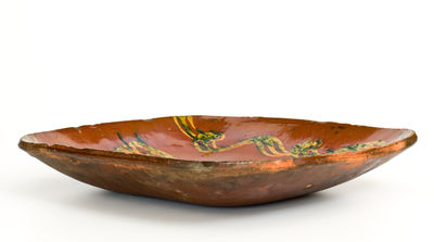 Fine att. Absalom Day, Norwalk, CT Redware Loaf Dish w/ Elaborate Copper Slip Decoration