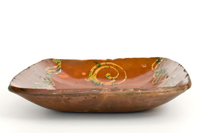 Fine att. Absalom Day, Norwalk, CT Redware Loaf Dish w/ Elaborate Copper Slip Decoration