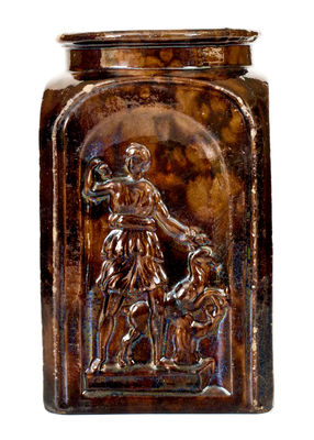 JUNIATA POTTERY / BY / G.M. MILLER Redware Jar w/ Relief Figural Decoration