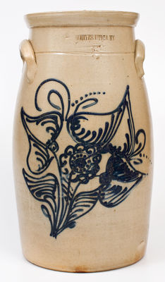Five-Gallon WHITES UTICA Stoneware Churn w/ Elaborate Cobalt Floral Decoration, c1875