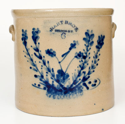 Unusual Six-Gallon HART BRO S. / FULTON N.Y. Stoneware Crock w/ Elaborate Cobalt Floral Design