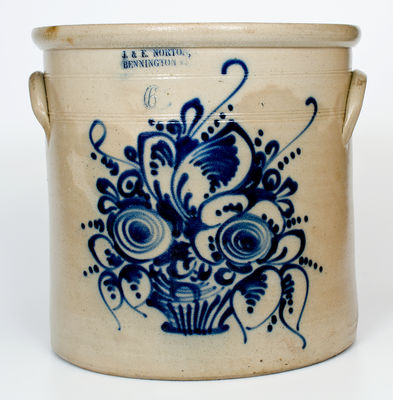 Six-Gallon J. & E. NORTON, / BENNINGTON, VT Stoneware Crock w/ Cobalt Flower Basket Design