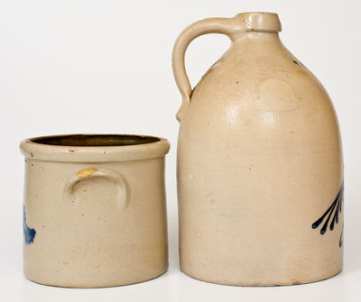 Two Pieces of New York State Stoneware w/ Cobalt Bird Decorations