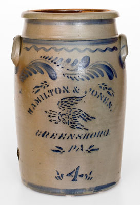 Four-Gallon HAMILTON & JONES / GREENSBORO, PA Stoneware Eagle Jar