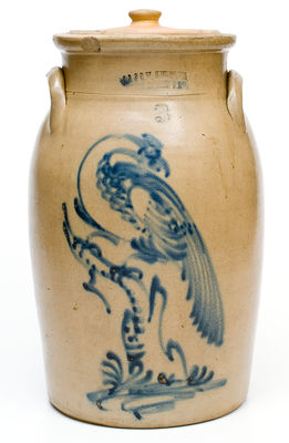 J A & C W UNDERWOOD / FORT EDWARD, N.Y. Stoneware Churn w/ Pheasant-on-Stump, c1865-67