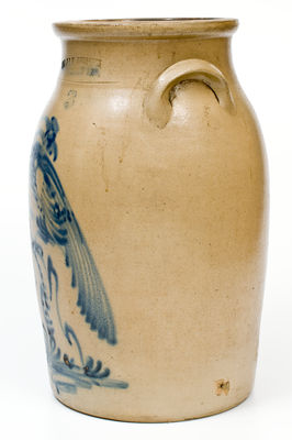 J A & C W UNDERWOOD / FORT EDWARD, N.Y. Stoneware Churn w/ Pheasant-on-Stump, c1865-67