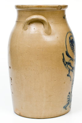 J A & C W UNDERWOOD / FORT EDWARD, N.Y. Stoneware Churn w/ Pheasant-on-Stump, c1865-67