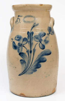 Five-Gallon J. FISHER / LYONS, N.Y. Stoneware Churn w/ Cobalt Floral Decoration