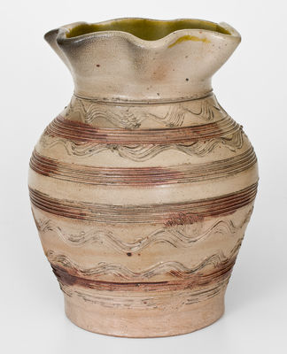 Elaborate Tennessee Stoneware Vase w/ Crimped Rim and Incised / Brown Slip Decoration