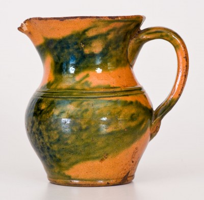 Extremely Rare Great Road (Virginia or Tennessee) Redware Cream Pitcher w/ Bold Copper Decoration