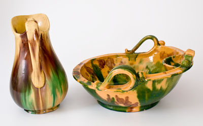 Multi-Glazed Shenandoah Valley Redware Pitcher and Washbowl Set, Strasburg, VA, circa 1890