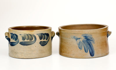 Two Mid-Atlantic Stoneware Cake Crocks w/ Cobalt Decoration