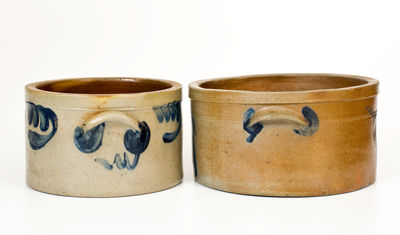 Two Mid-Atlantic Stoneware Cake Crocks w/ Cobalt Decoration