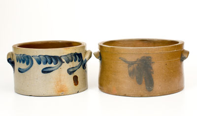 Two Mid-Atlantic Stoneware Cake Crocks w/ Cobalt Decoration