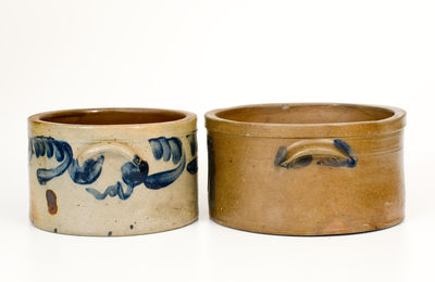 Two Mid-Atlantic Stoneware Cake Crocks w/ Cobalt Decoration