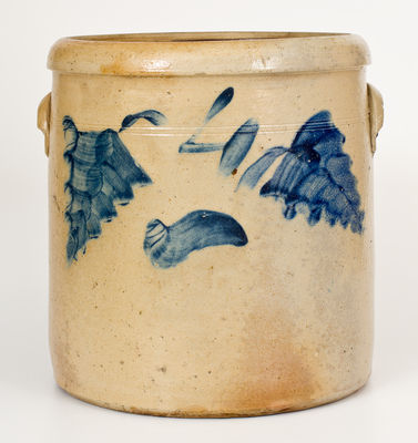 Four-Gallon Roseville, OH Stoneware Crock with Cobalt Leaf Decoration