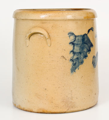 Four-Gallon Roseville, OH Stoneware Crock with Cobalt Leaf Decoration