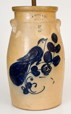 Five-Gallon N.A. WHITE & SON / UTICA, N.Y. Stoneware Churn w/ Paddletail Bird