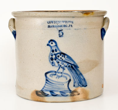 Exceptional COWDEN & WILCOX / HARRISBURG, PA Stoneware Crock w/ Elaborate Bird on Stump