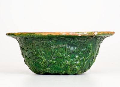 Outstanding JOHN BELL (Waynesboro, PA) Redware Hanging Basket with Bold Green Glaze