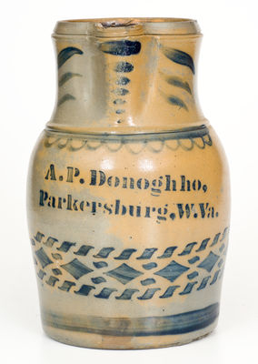 Fine A.P. Donaghho / Parkersburg, WV Stoneware Pitcher w/ Misspelled Name and Elaborate Decoration