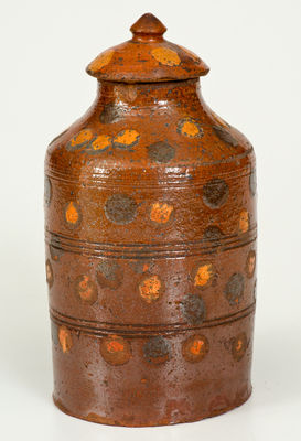 Exceptional Spotted Redware Jar w/ Lid attrib. Thompson Pottery, Morgantown, WV, c1820-40