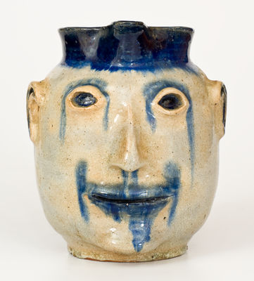 Extremely Rare and Important Cobalt-Decorated Stoneware Face Pitcher, Hilton Pottery, Marion, NC, c1935