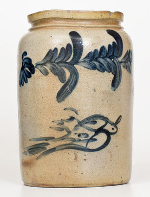 Very Rare Remmey Family (Philadelphia) Stoneware Jar with Cobalt Bird Decoration