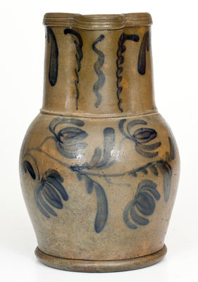 Fine attrib. E.B. Hissong, Cassville, PA Stoneware Pitcher w/ Elaborate Cobalt Floral Decoration