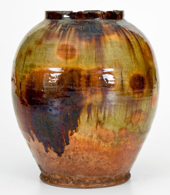 Fine Green-Glazed Bristol County, MA Redware Jar w/ Manganese Decoration, late 18th or early 19th century