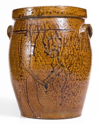 Exceedingly Rare Alkaline-Glazed Jar w/ Incised Native American Figure, possibly J. S. Nash / Milligan Frazier, Marion County, Texas