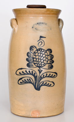 Five-Gallon J. BURGER, / ROCHESTER, N.Y. Stoneware Churn w/ Cobalt Floral Decoration