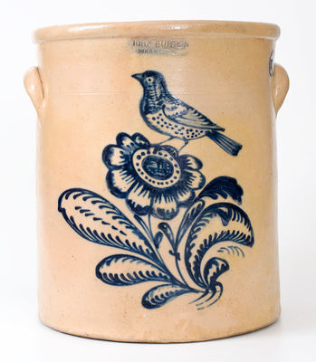 Exceptional JOHN BURGER / ROCHESTER Stoneware Crock w/ Elaborate Bird and Floral Decoration