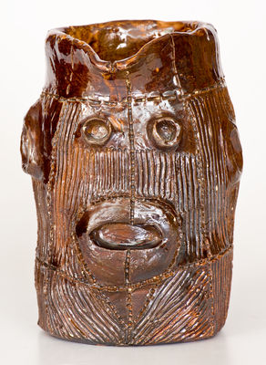 Rare Glazed American Stoneware Face Pitcher, probably Midwestern, late 19th or early 20th century