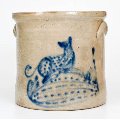 Four-Gallon Stoneware Crock w/ Reclining Dog Decoration, attrib. Brady & Ryan, Ellenville, NY