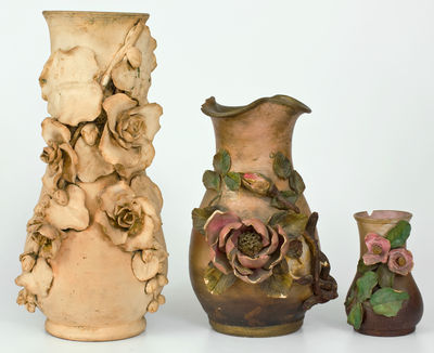 Lot of Three: Unusual Stoneware Vases with Applied Flowers