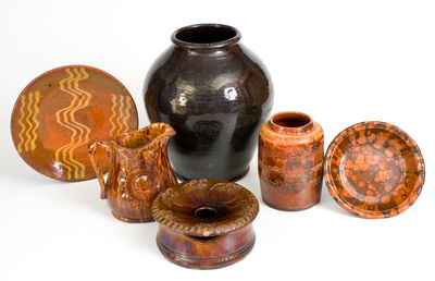 Lot of Six: Glazed American Redware, primarily Pennsylvania origin