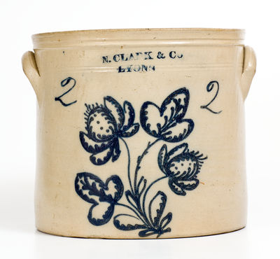 Fine N. CLARK & CO / LYONS, NY Stoneware Crock w/ Elaborate Cobalt Floral Decoration