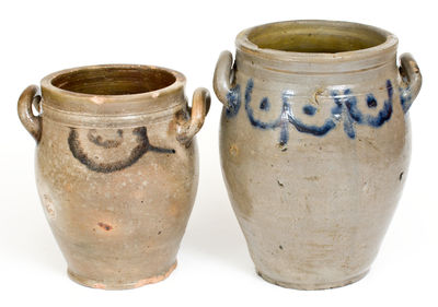 Lot of Two: Crolius Family, Manhattan Stoneware Jars w/ Brushed Cobalt Drape Designs