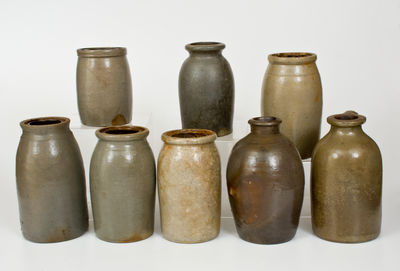 Lot of Eight: Undecorated Stoneware Canning Jars / Jug, primarily Western PA