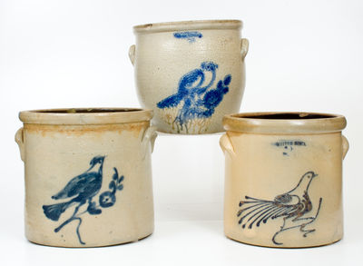 Lot of Three: New York State (White Family) Stoneware Crocks w/ Bird Decoration
