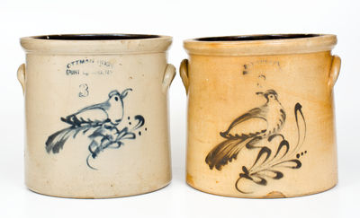 Lot of Two: FORT EDWARD, NY Stoneware Crocks with Bird Decoration