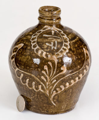  One-Quart Alkaline-Glazed Stoneware Jug w/ Kaolin Slip Decoration, attrib. Collin Rhodes, Shaws Creek, Edgefield District, SC