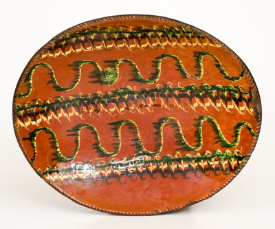 Exceptional Norwalk, Connecticut Redware Platter w/ Elaborate Three-Color Slip Decoration