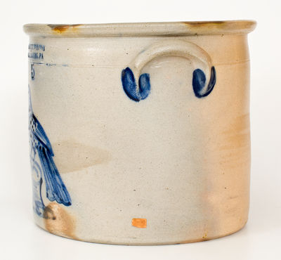 Exceptional COWDEN & WILCOX / HARRISBURG, PA Stoneware Crock w/ Elaborate Bird on Stump