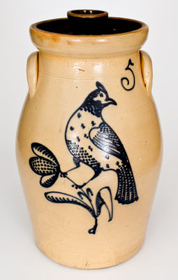 Outstanding T. HARRINGTON (Lyons, New York) Stoneware Churn w/ Elaborate Slip-Trailed Bird Decoration