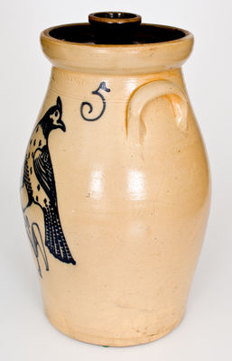 Outstanding T. HARRINGTON (Lyons, New York) Stoneware Churn w/ Elaborate Slip-Trailed Bird Decoration